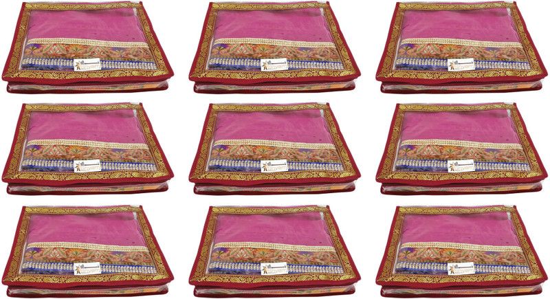 Shree Shyam Products Transparent Maroon Border 2 Inch Saree Cover Set of 9 PCS Capacity of 2 Sarees (SS-212_MAROON_9 PCS)  (Maroon)