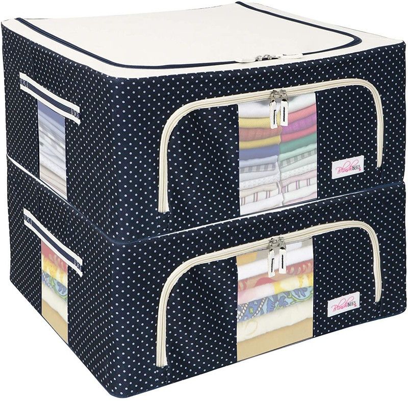 BlushBEES Living Box - Closet Organizer Cloth Storage Boxes for Wardrobe Pack of 2, Polka Dot Blue  (Blue)
