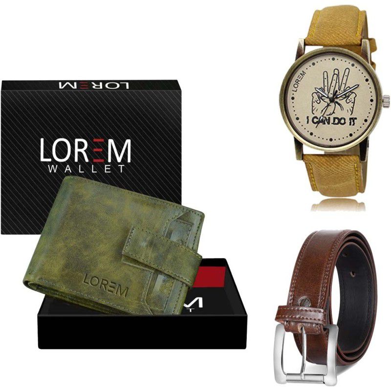 LOREM Belt, Wallet & Watch Combo  (Green, Brown, Yellow)