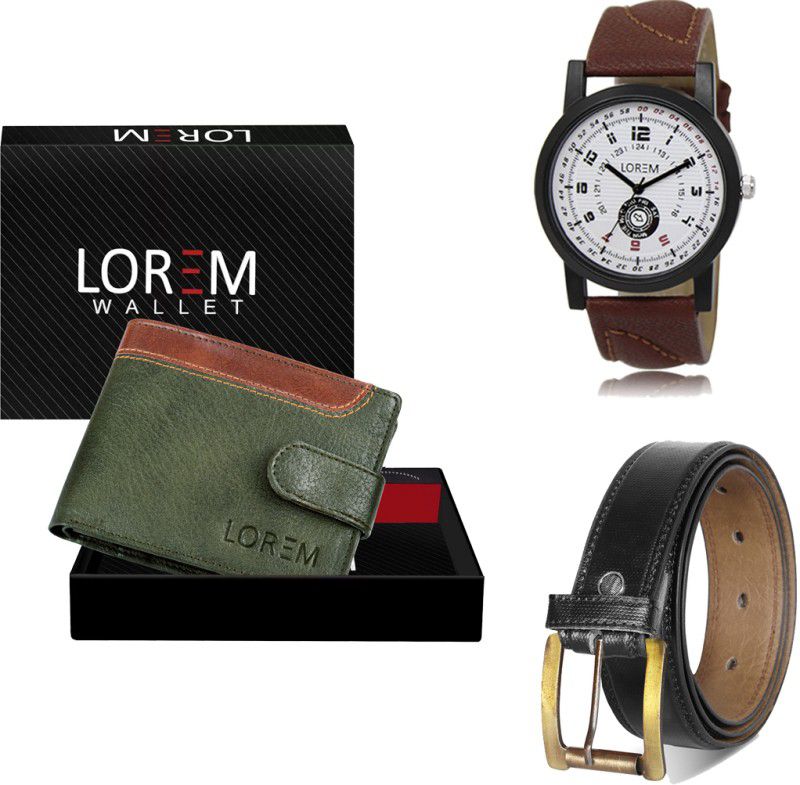 LOREM Belt, Wallet & Watch Combo  (Green, Black, Brown)