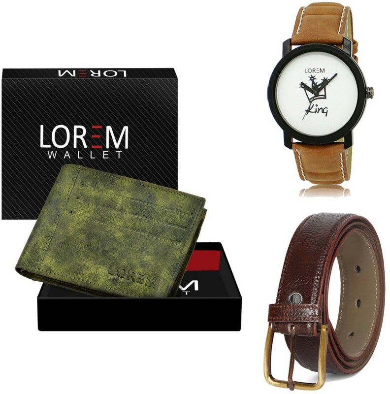 LOREM Belt, Wallet & Watch Combo  (Green, Brown, Brown)