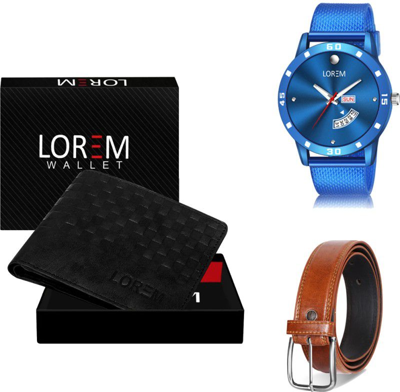 LOREM Belt, Wallet & Watch Combo  (Black, Tan, Blue)