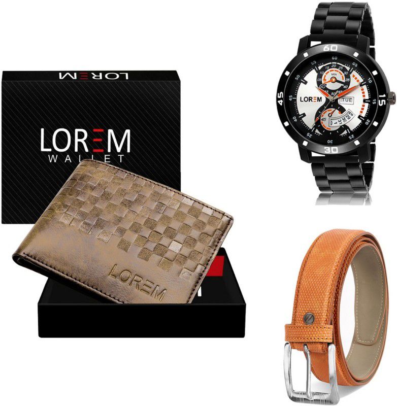 LOREM Belt, Wallet & Watch Combo  (Brown, Tan, Black)