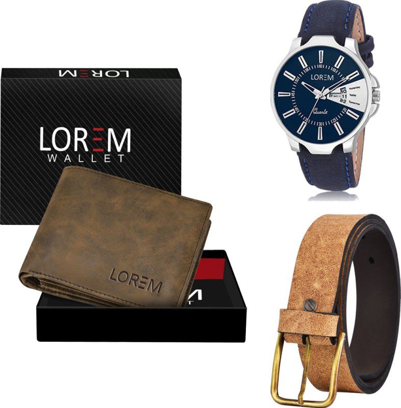 LOREM Belt, Wallet & Watch Combo  (Brown, Beige, Blue)