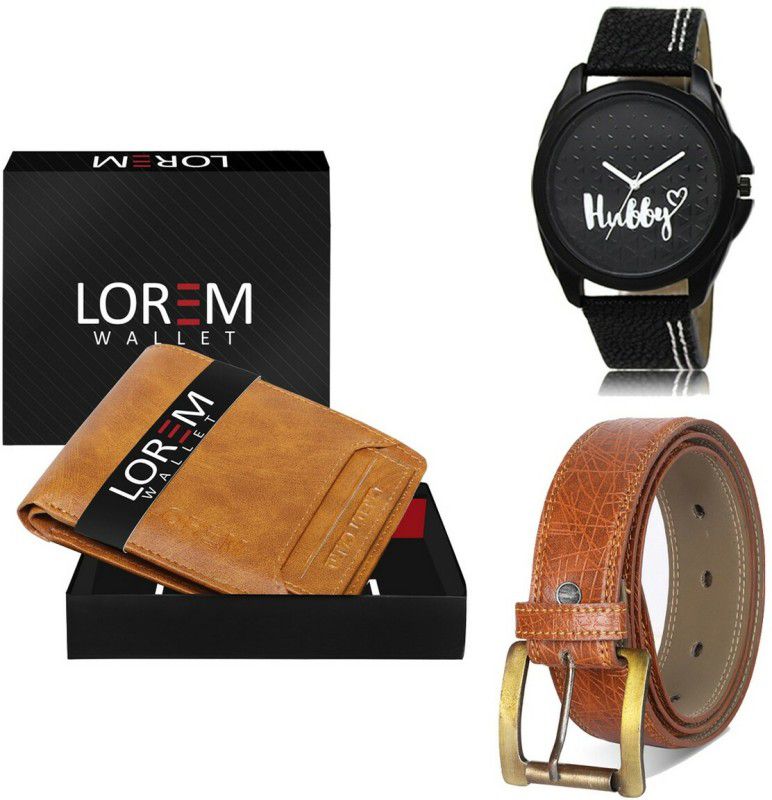 LOREM Belt, Wallet & Watch Combo  (Beige, Orange, Black)