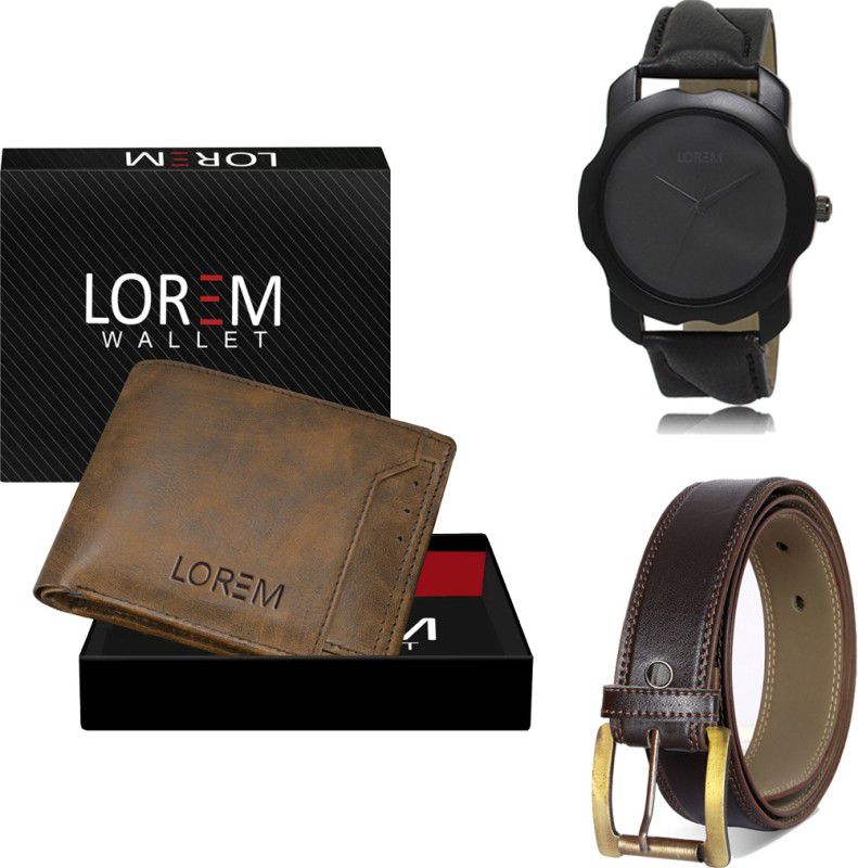 LOREM Belt, Wallet & Watch Combo  (Brown, Brown, Black)