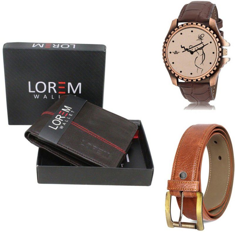 LOREM Belt, Wallet & Watch Combo  (Brown, Orange, Brown)