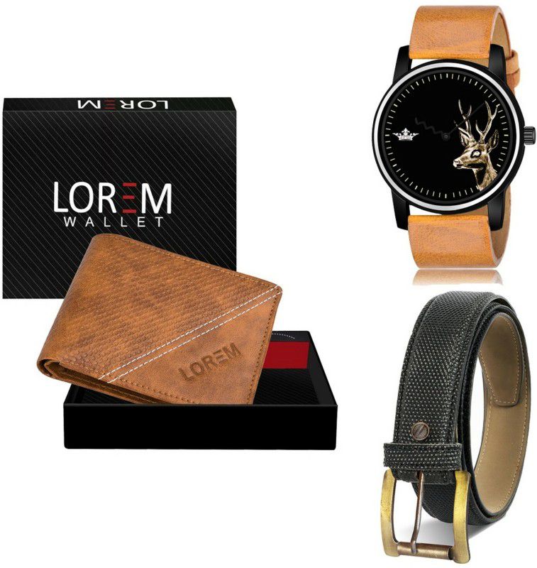 LOREM Belt, Wallet & Watch Combo  (Beige, Black, Orange)