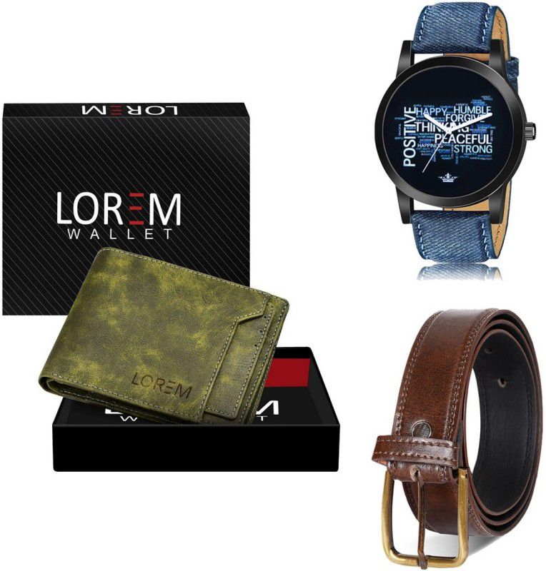 LOREM Belt, Wallet & Watch Combo  (Green, Brown, Blue)