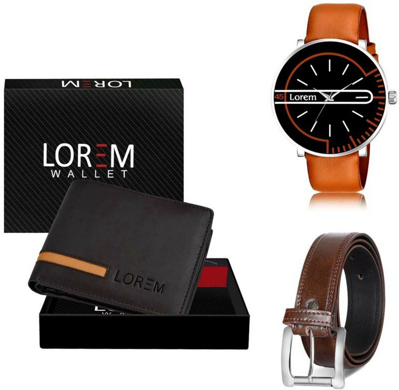LOREM Belt, Wallet & Watch Combo  (Brown, Brown, Orange)
