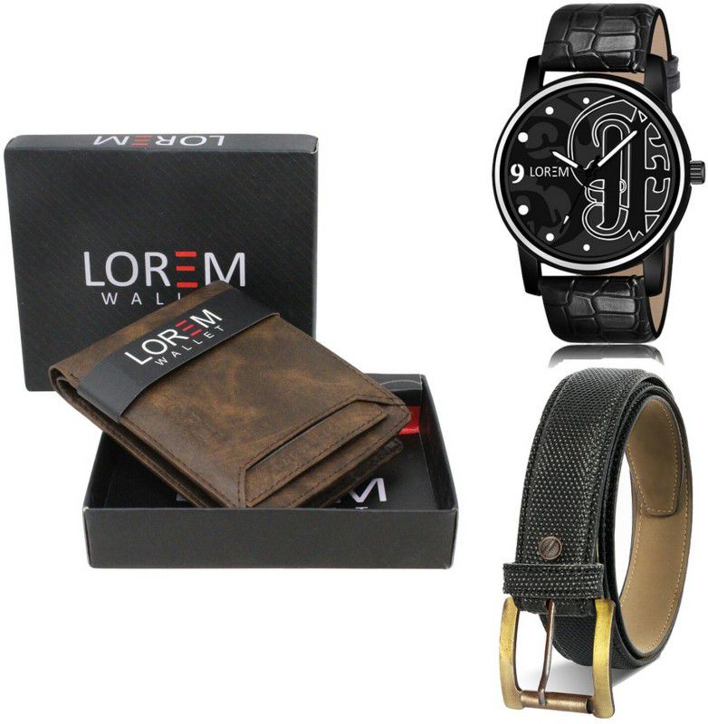LOREM Belt, Wallet & Watch Combo  (Brown, Black, Black)