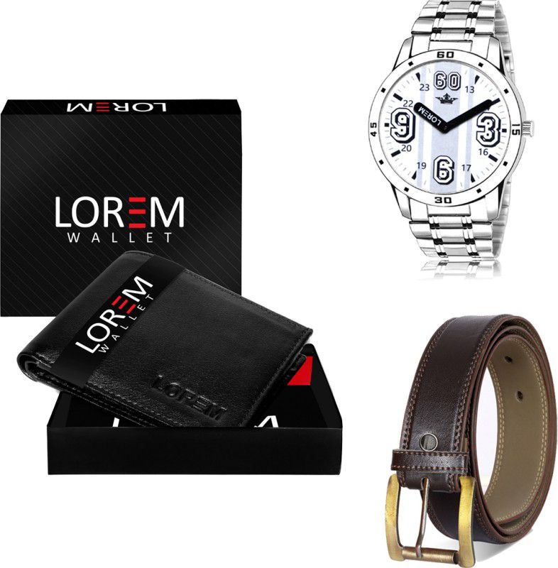 LOREM Belt, Wallet & Watch Combo  (Black, Brown, Silver)