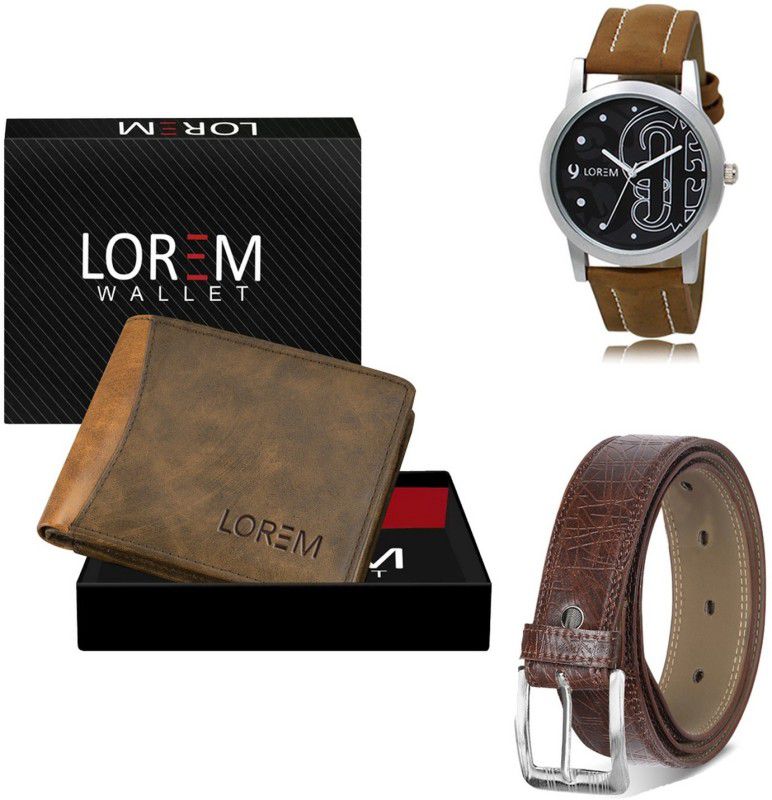 LOREM Belt, Wallet & Watch Combo  (Brown, Brown, Brown)