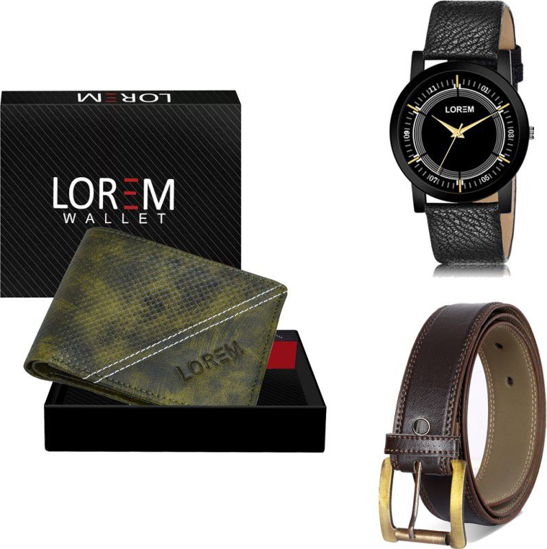LOREM Belt, Wallet & Watch Combo  (Green, Brown, Black)