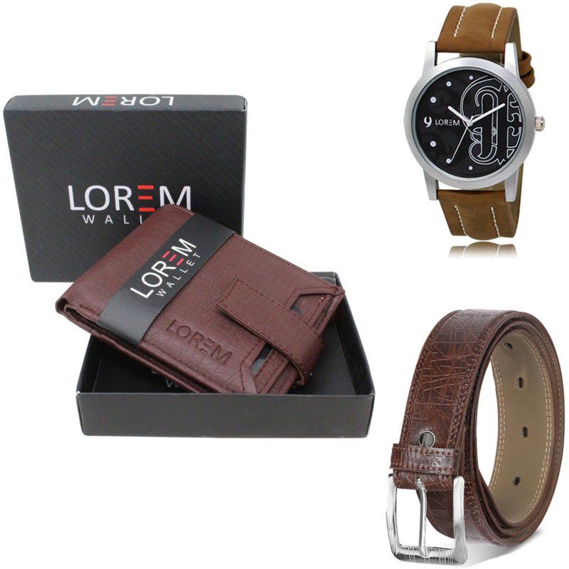 LOREM Belt, Wallet & Watch Combo  (Maroon, Brown, Brown)