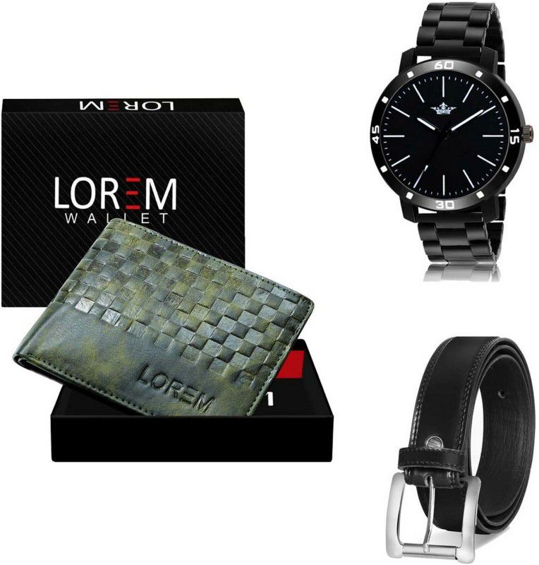 LOREM Belt, Wallet & Watch Combo  (Green, Black, Black)