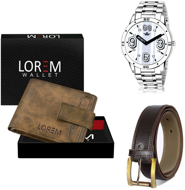 LOREM Belt, Wallet & Watch Combo  (Brown, Brown, Silver)