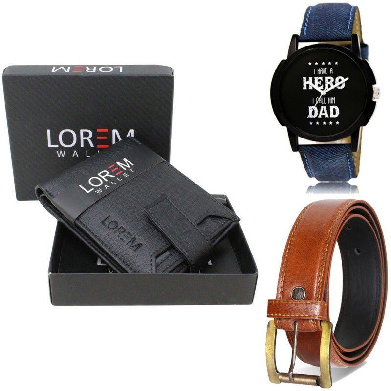 LOREM Belt, Wallet & Watch Combo  (Black, Orange, Blue)