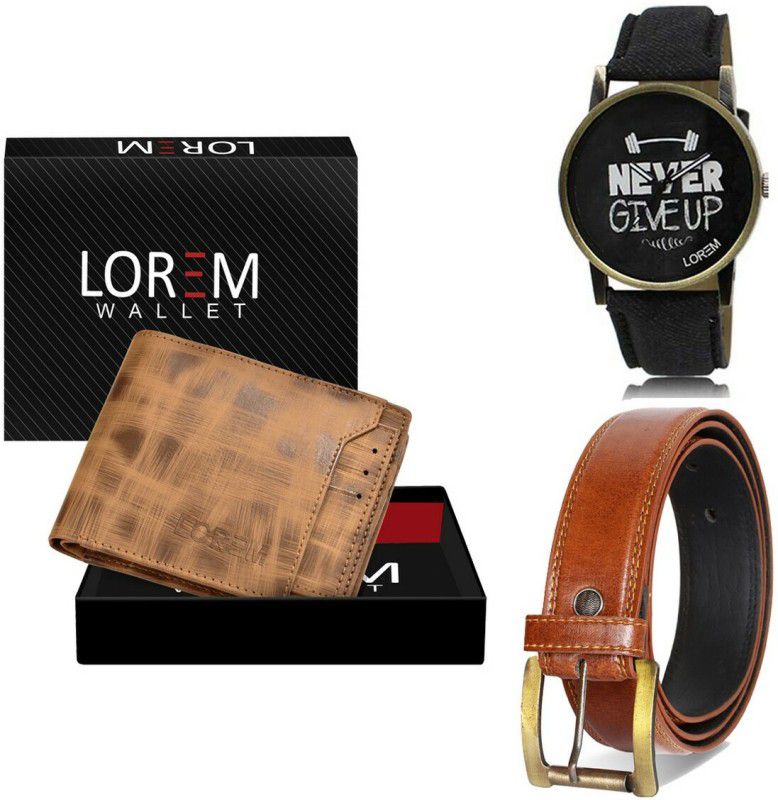 LOREM Belt, Wallet & Watch Combo  (Brown, Orange, Black)