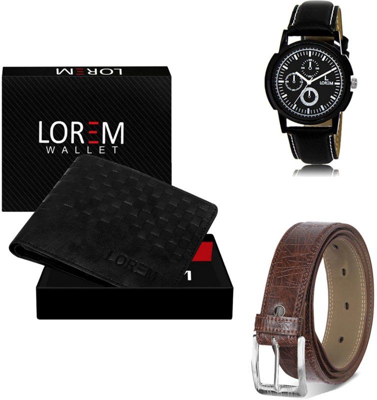 LOREM Belt, Wallet & Watch Combo  (Black, Brown, Black)