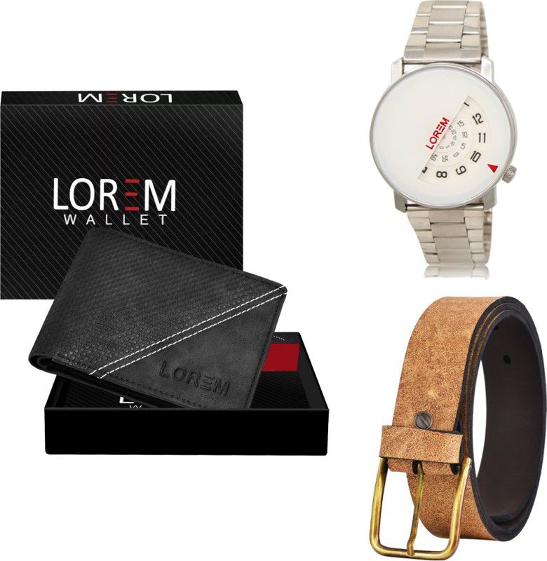 LOREM Belt, Wallet & Watch Combo  (Black, Beige, Silver)