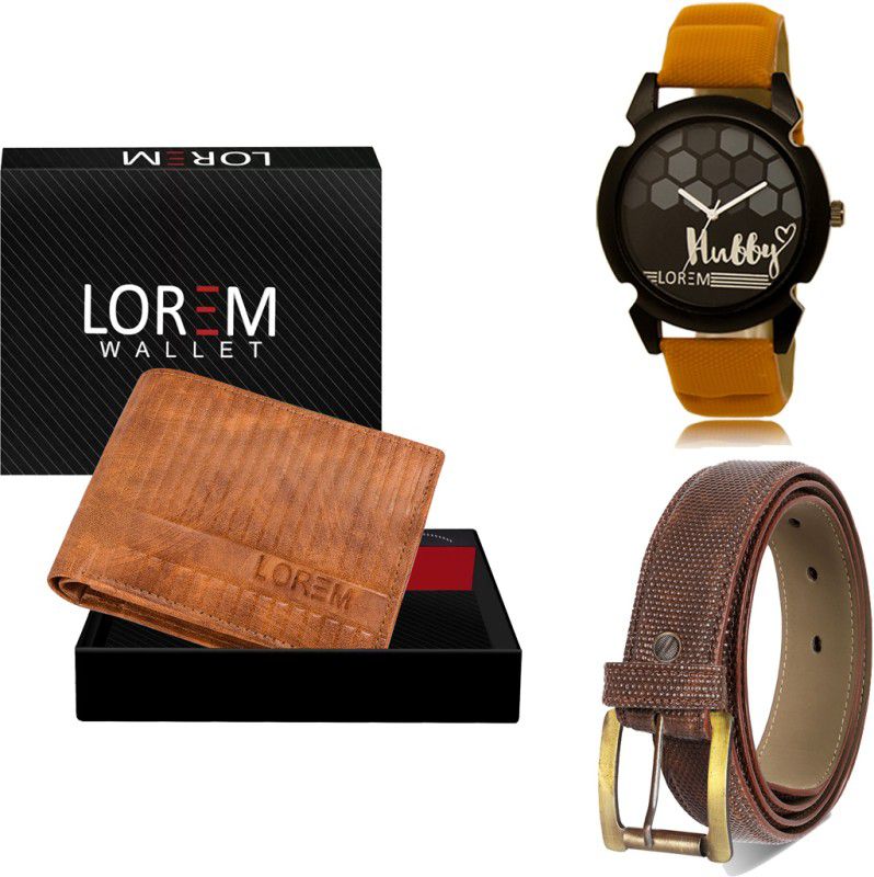 LOREM Belt, Wallet & Watch Combo  (Beige, Brown, Orange)