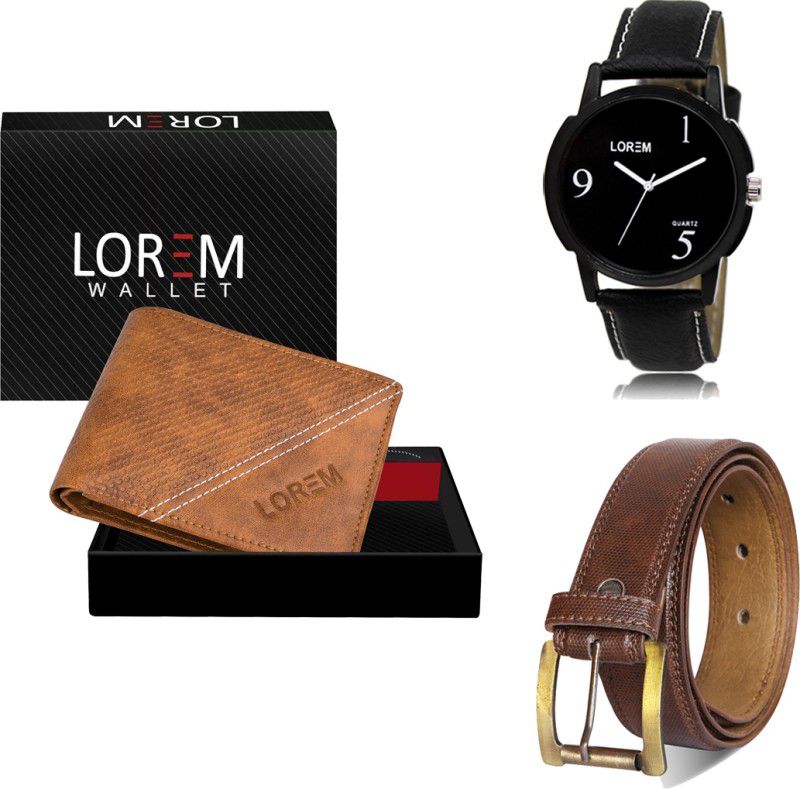 LOREM Belt, Wallet & Watch Combo  (Beige, Brown, Black)