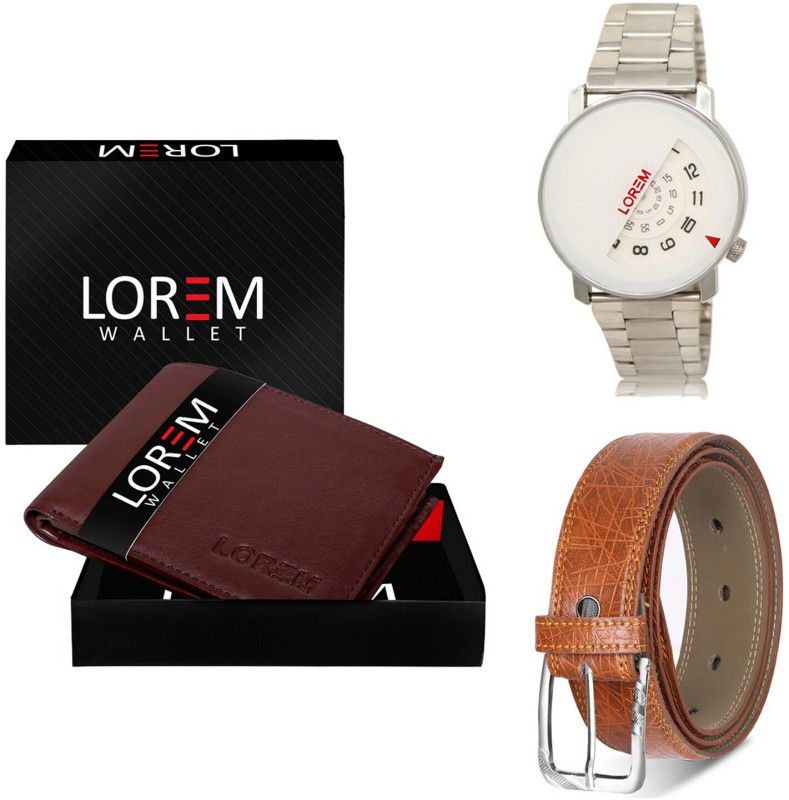 LOREM Belt, Wallet & Watch Combo  (Brown, Tan, Silver)