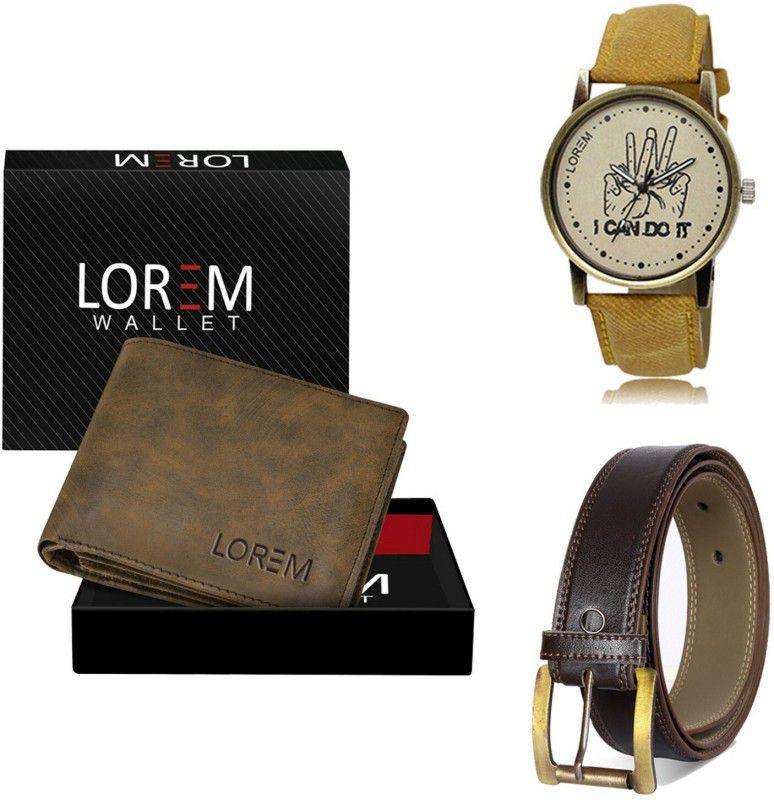 LOREM Belt, Wallet & Watch Combo  (Brown, Brown, Yellow)