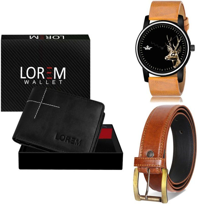 LOREM Belt, Wallet & Watch Combo  (Black, Orange, Orange)