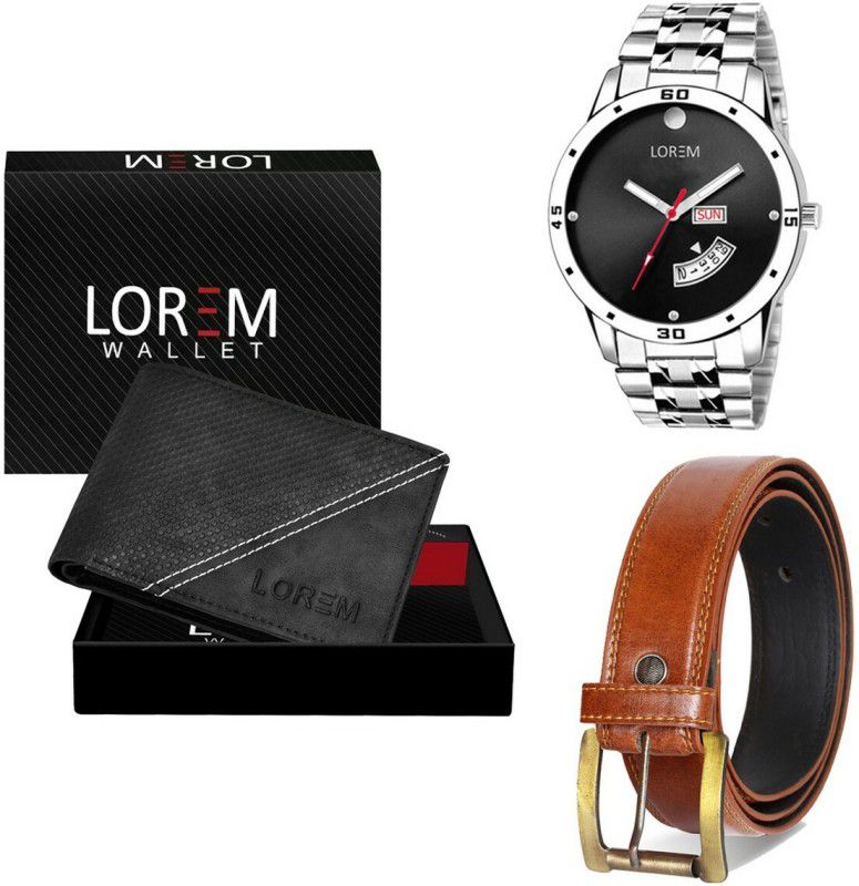 LOREM Belt, Wallet & Watch Combo  (Black, Orange, Silver)
