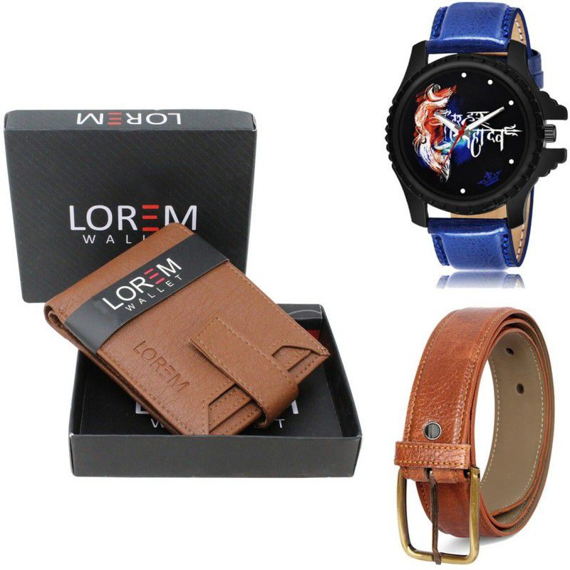 LOREM Belt, Wallet & Watch Combo  (Tan, Tan, Blue)