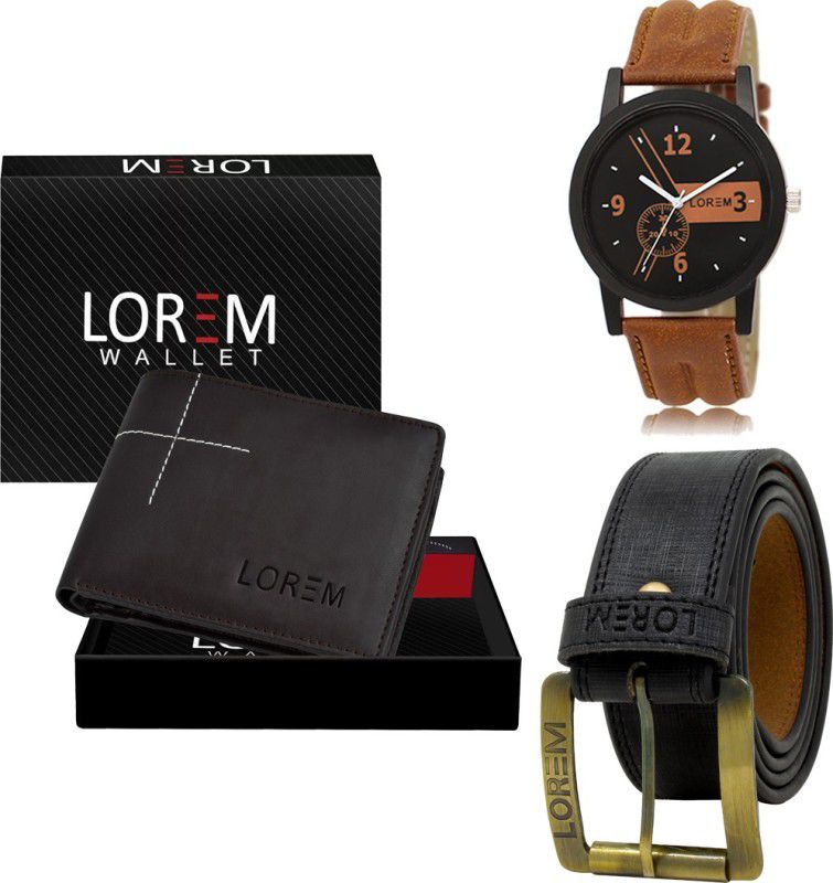 LOREM Belt, Wallet & Watch Combo  (Brown)