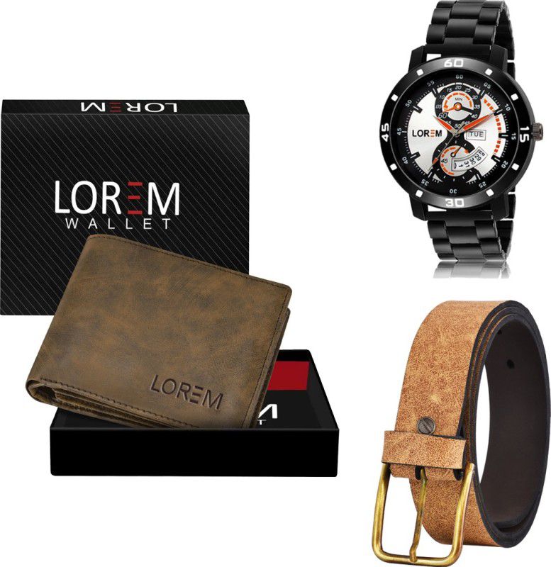 LOREM Belt, Wallet & Watch Combo  (Brown, Beige, Black)