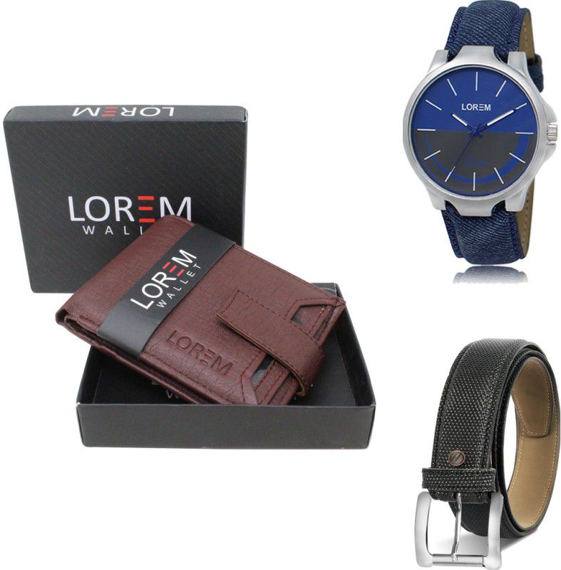 LOREM Belt, Wallet & Watch Combo  (Maroon, Black, Blue)