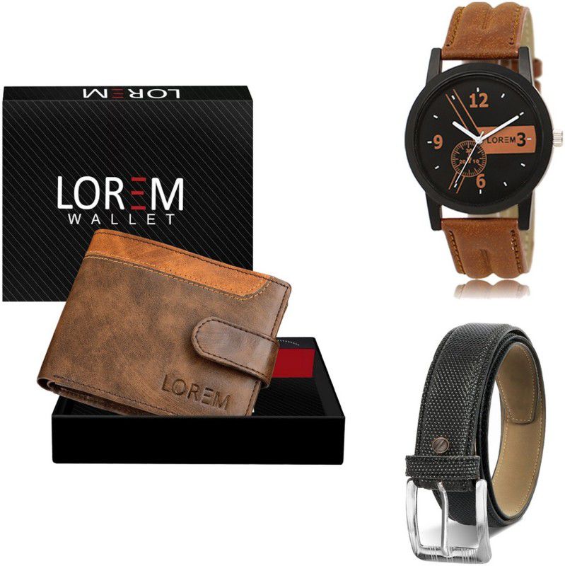LOREM Belt, Wallet & Watch Combo  (Brown, Black, Orange)