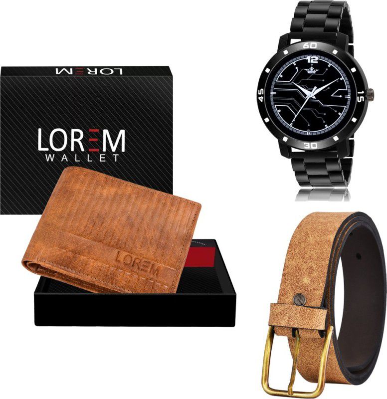 LOREM Belt, Wallet & Watch Combo  (Beige, Beige, Black)