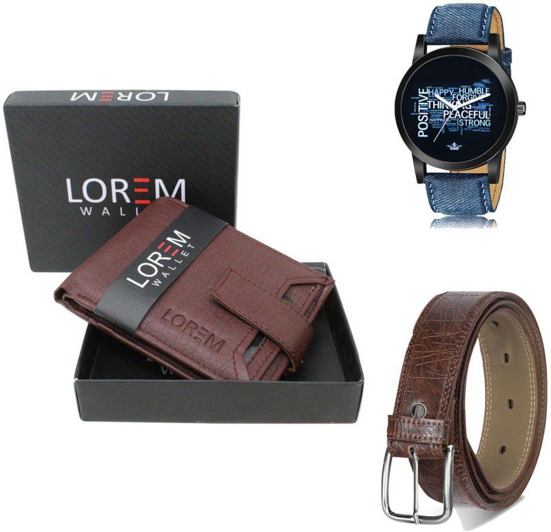 LOREM Belt, Wallet & Watch Combo  (Maroon, Brown, Blue)