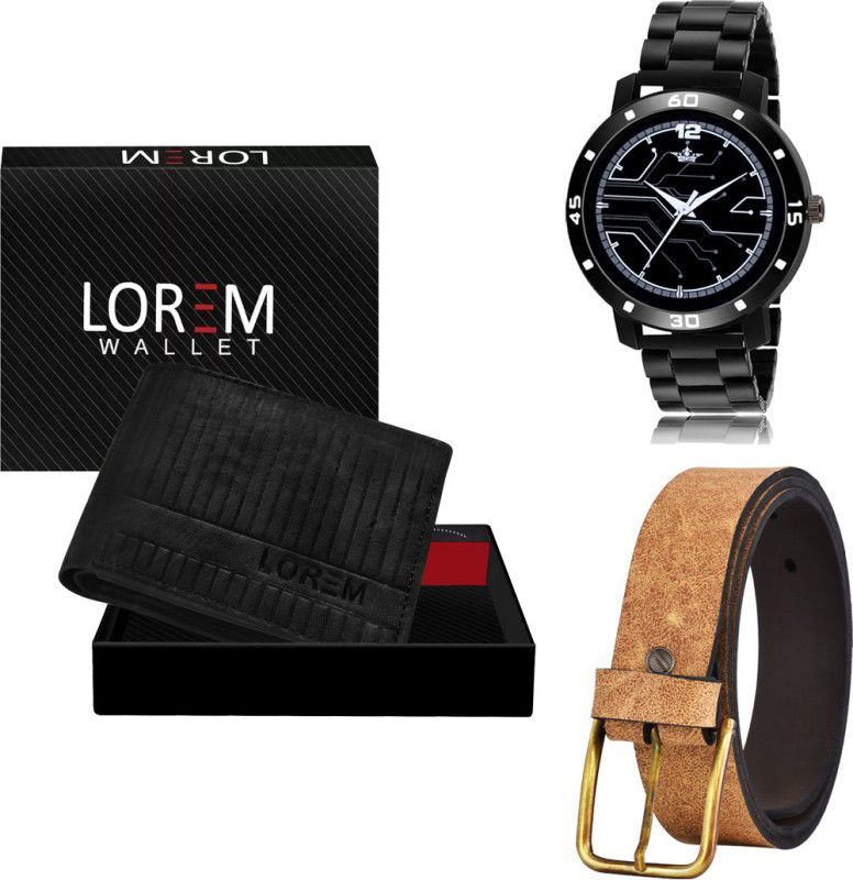 LOREM Belt, Wallet & Watch Combo  (Black, Beige, Black)