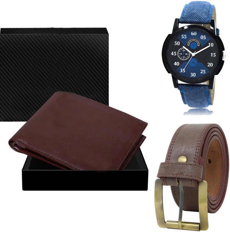 FERRIZZO Belt, Wallet & Watch Combo  (Maroon, Brown, Blue)