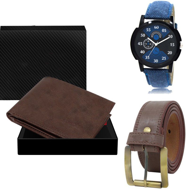 FERRIZZO Belt, Wallet & Watch Combo  (Brown, Brown, Blue)