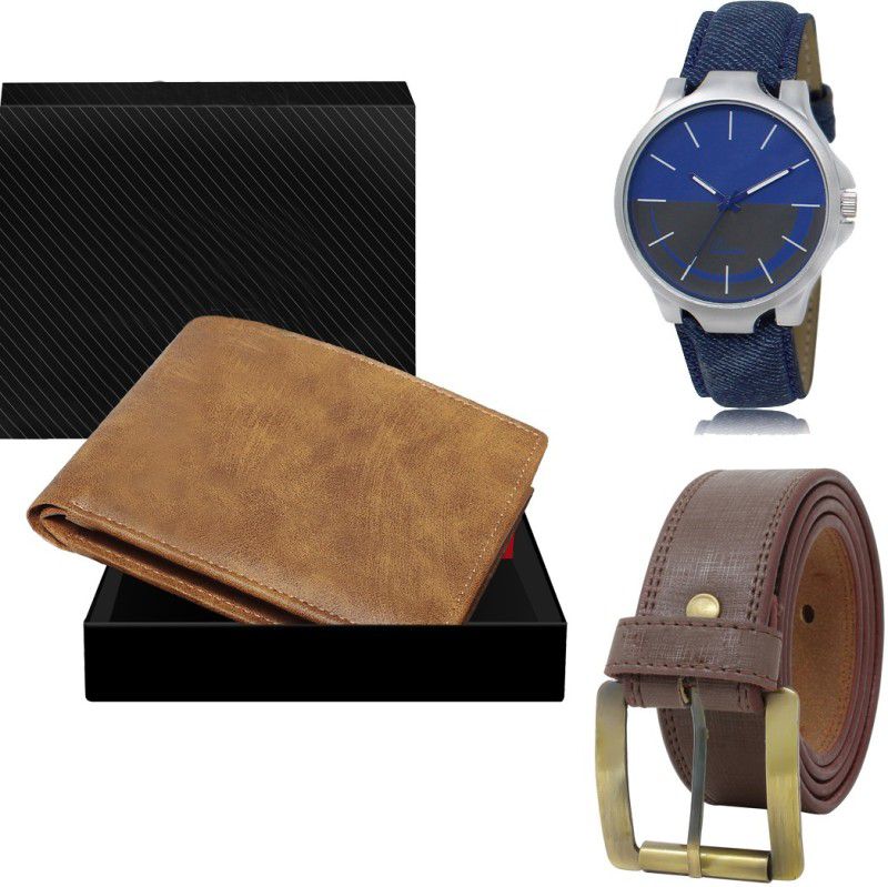 FERRIZZO Belt, Wallet & Watch Combo  (Beige, Brown, Blue)