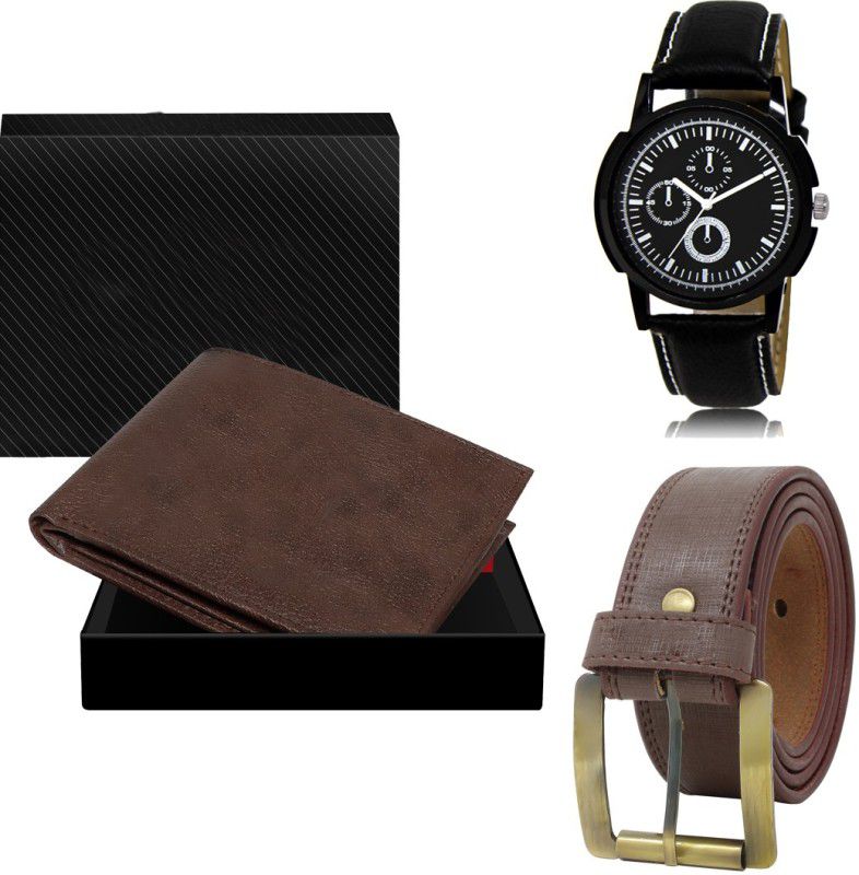 FERRIZZO Belt, Wallet & Watch Combo  (Brown, Brown, Black)
