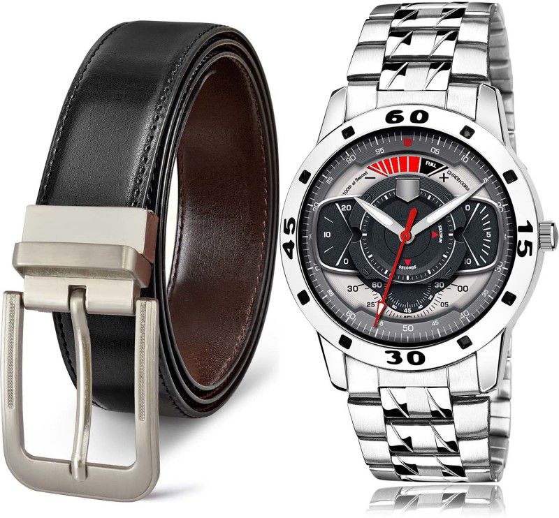TIMENTER Watch & Belt Combo  (Black, Grey)