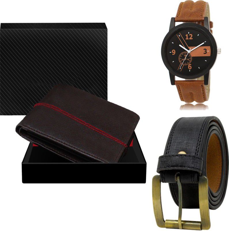 SWIFFIN Belt, Wallet & Watch Combo  (Black, Black, Orange)