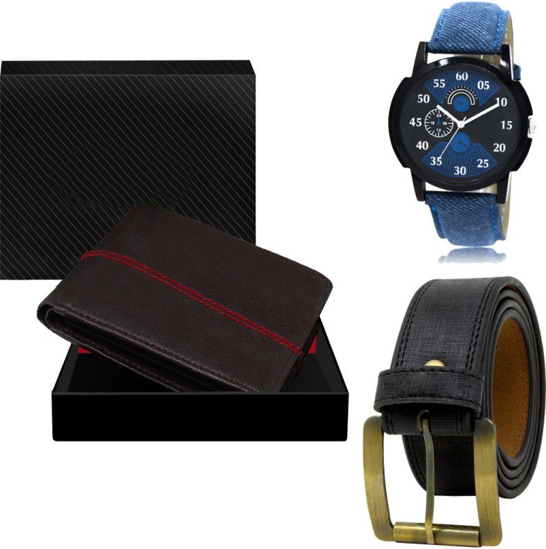SWIFFIN Belt, Wallet & Watch Combo  (Black, Black, Blue)