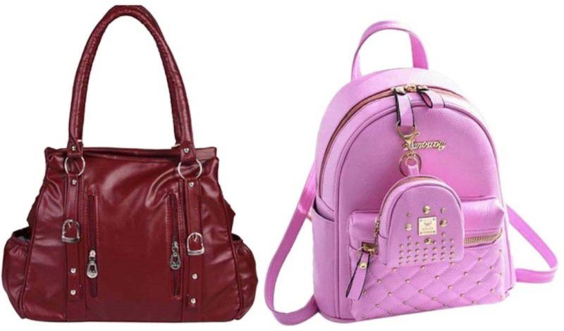 Girls Maroon, Pink Handbag  (Pack of: 2)