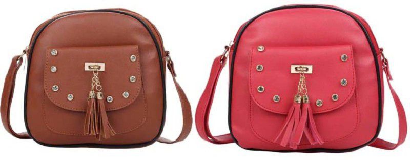 Brown, Red Girls Sling Bag - Medium  (Pack of 2)