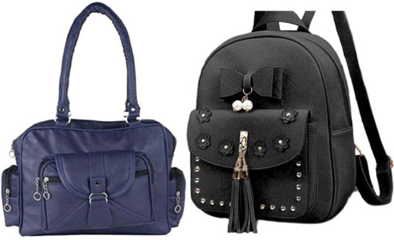 Girls Black, Blue Handbag - Regular Size  (Pack of: 2)