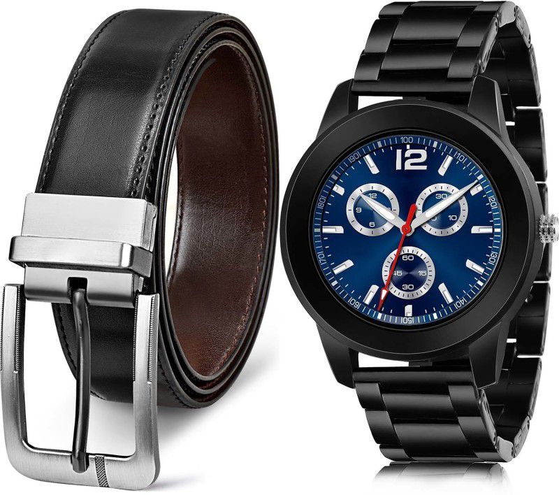 TIMENTER Watch & Belt Combo  (Black, Blue)